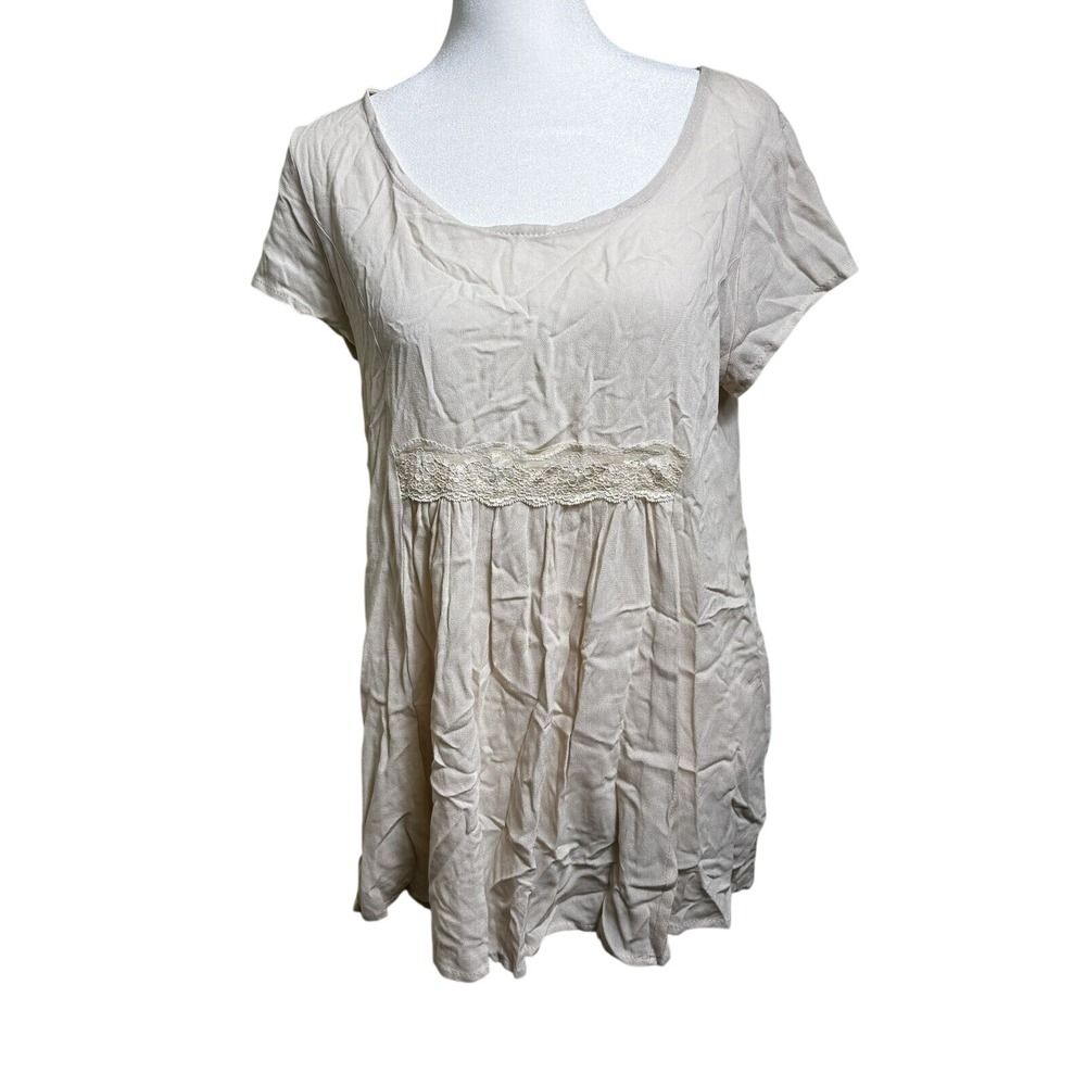 Final Touch Womens Beige Lace Empire Waist Short‎ Sleeve Tunic Top Small